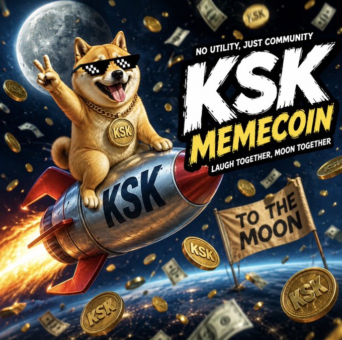 A promotional graphic for 'KSK MEMECOIN' featuring a Shiba Inu dog wearing pixelated sunglasses riding a rocket through space, with the tagline 'NO UTILITY, JUST COMMUNITY, LAUGH TOGETHER, MOON TOGETHER' and a 'TO THE MOON' flag.