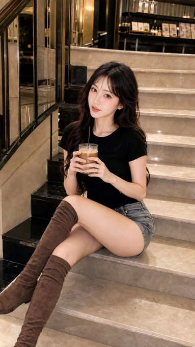A young woman with long dark hair sits on a staircase in a black t-shirt and denim shorts, holding an iced coffee drink while wearing brown over-the-knee boots.