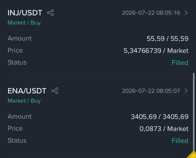 The image displays two filled market buy orders on a crypto exchange—55.59 INJ/USDT at 5,34766339 on 2026-07-22 08:05:16 and 3405,69 ENA/USDT at 0,0873 on 2026-07-22 08:05:07—visually confirming the poster's ongoing accumulation of $ENA and $INJ toward their 1 million ₺ targets.