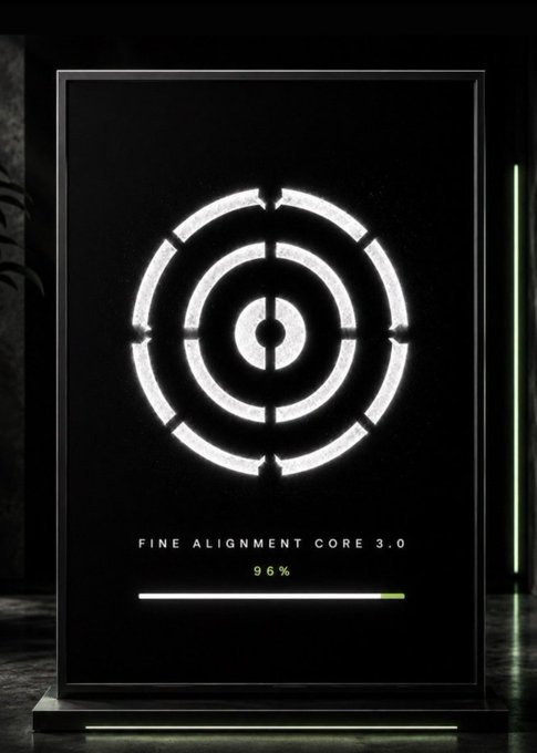 A dark futuristic interface or display showing a glowing white target-like circular graphic with the text "FINE ALIGNMENT CORE 3.0" and a progress bar at 96%.