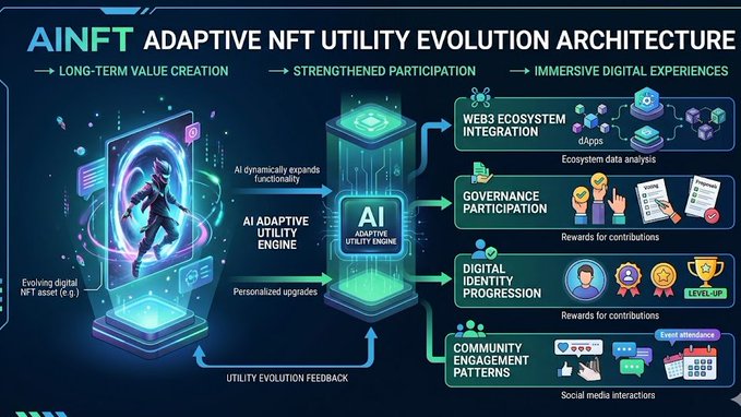 The image features a detailed diagram of an adaptive utility architecture, specifically focusing on NFT utility evolution. The diagram includes various elements such as a person, a building, and a robot, all interconnected through blue lines. The text within the image explains that this is a long-term value creation process for AI utility evolution, which has been adapted to fit into the ecosystem of Web3.
