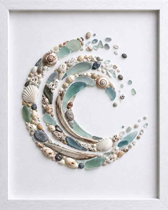 A framed piece of beach art featuring a swirling wave design meticulously crafted from sea glass, seashells, pebbles, and driftwood in soft coastal tones of white, blue, and tan. The artwork complements the caption by embodying the idea that even scattered pieces of nature can come together to form something beautiful and complete.