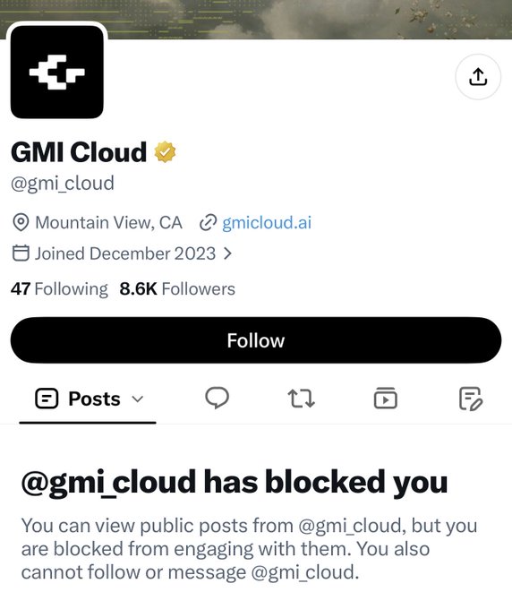 A Twitter/X profile page for "GMI Cloud" (@gmi_cloud), based in Mountain View, CA with 8.6K followers, displays a notice stating "@gmi_cloud has blocked you." This aligns with the accompanying post explaining that GMI Cloud's official company account has been hacked, with bad actors using it to promote cryptocurrency scams to users.