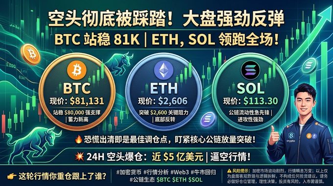 A promotional graphic with Chinese text shows cryptocurrency prices with bullish green charts: BTC at $81,131, ETH at $2,606, and SOL at $113.30, featuring a thumbs-up man in a jacket.