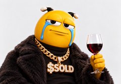 A yellow cartoon character with glasses, wearing a fur coat and gold chain, holds a glass of wine with the text '$$OLD' displayed.