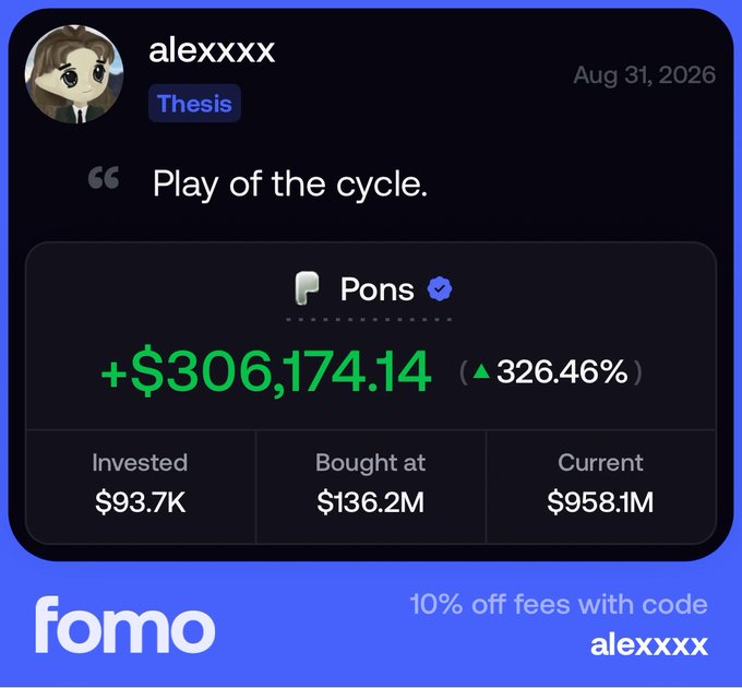 A social media post from user 'alexxxx' dated Aug 31, 2026, captioned 'Play of the cycle,' showcasing a 'Pons' investment gain of +$306,174.14 (▲326.46%), with $93.7K invested, bought at $136.2M, current $958.1M, and a Fomo promo for 10% off fees with code 'alexxxx'.