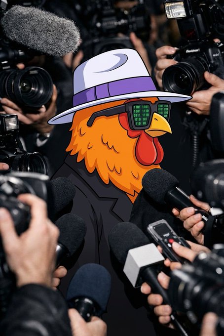 An anthropomorphic chicken wearing a suit, sunglasses displaying green code, and a white fedora hat, surrounded by reporters holding cameras and microphones.
