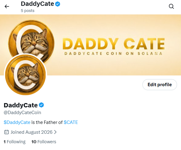 A Twitter/X profile page for 'DaddyCate' (@DaddyCateCoin) with 5 posts and 10 followers, featuring a banner that reads 'DADDY CATE - DADDYCATE COIN ON SOLANA' and the bio '$DaddyCate is the Father of $CATE'.