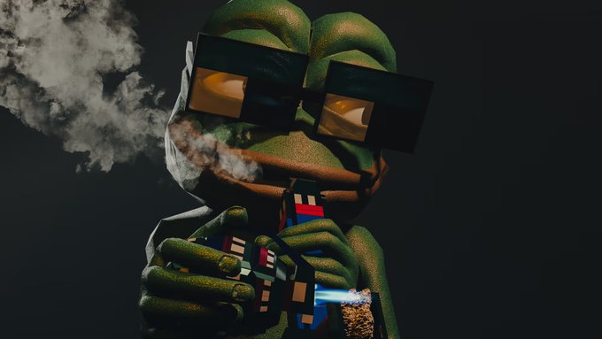 A 3D-rendered, textured green frog wearing square sunglasses and holding a Rubik's cube, with smoke billowing around its face against a dark background.