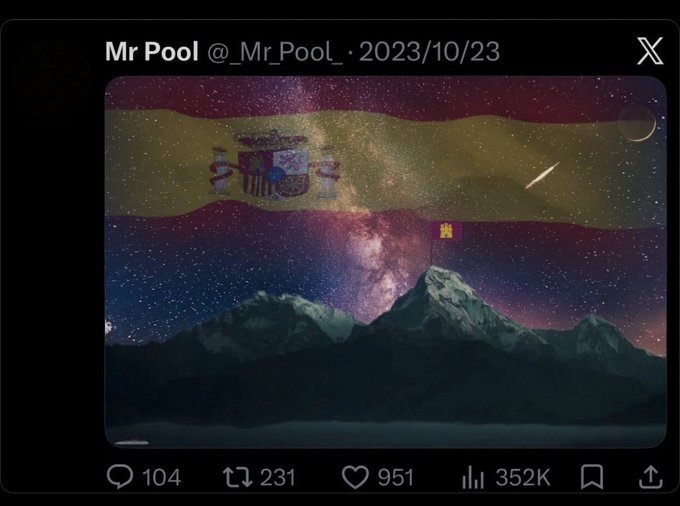 The image shows a tweet from "Mr Pool @_Mr_Pool_" dated 2023/10/23 featuring the Spanish flag overlaid on a mountainous nightscape with the Milky Way visible in the sky. The post has 104 replies, 231 retweets, 951 likes, and 352K views. The Spanish flag imagery ties into the tweet's caption about a "final soccer kick" referencing the DTCC, alluding to Spain's recent developments and using the flag as a visual metaphor for that nation-specific financial event.