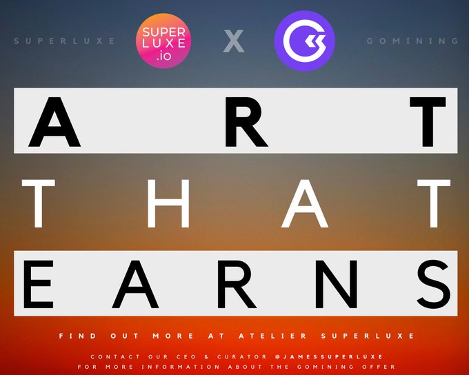 The image features a poster for an art fair that is being sponsored by SuperLuxe and GoMining. The poster has a striking red background with white text, which reads "Art That Fars" at the top of the poster. Below this title, there are two lines of purple text that read "SuperLUXE x GoMining". These sponsorships indicate that the art fair is being supported by both SuperLuxe and GoMining. The image also includes a small image of an artwork in the bottom right corner, which could be related to the event or featured at the art fair.