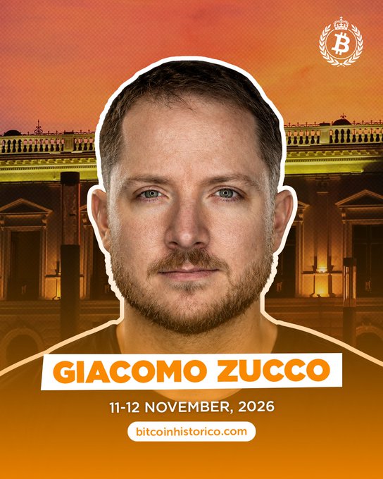 Promotional graphic for Giacomo Zucco (@giacomozucco) speaking at the Bitcoin Histórico 2026 event on November 11-12, 2026, featuring his portrait against an orange-toned background with a "Bitcoin Histórico" logo, tying into the announcement of his Twitter Space appearance to discuss economic liberty, individual sovereignty, and freedom money.