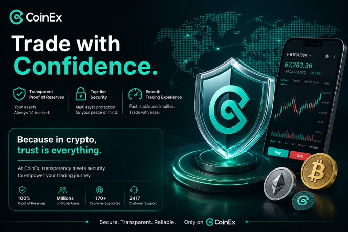 A promotional banner for CoinEx featuring the tagline "Trade with Confidence," highlighting their Transparent Proof of Reserves, Top-tier Security, and Smooth Trading Experience, with "Because in crypto, trust is everything" emphasized prominently. The ad showcases a shield logo, a phone displaying BTC/USDT trading at 67,283.36 (+2.36%), and coins for Bitcoin, Ethereum, and CoinEx's CET token, reinforcing the post's message about prioritizing security and transparency in cryptocurrency trading.