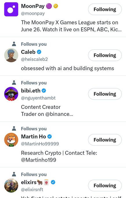 The image shows a list of five X (Twitter) accounts the user follows, with MoonPay (@moonpay) at the top followed by Caleb (@heiscaleb2), bibi.eth (@nguyenthambt), Martin Ho (@MartinHo99999), and elixirs (@elixirsft). Each profile displays a "Following" button, and the "obsessed with ai and building systems" tagline under Caleb and crypto-related bios under the others suggest the user curates a feed focused on crypto, AI, and trading content, aligning with their stated bullishness on MoonPay.