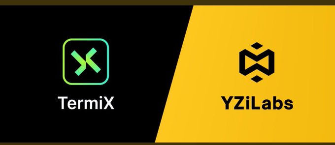 Two logos are displayed side by side on a split black and yellow background: a green 'TermiX' logo on the left and a black 'YZiLabs' logo on the right.