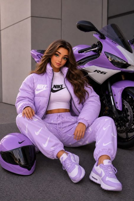 A digital illustration of a woman wearing a matching lavender Nike puffer jacket, cropped top, sweatpants, and sneakers, sitting on the ground next to a purple Yamaha R6 motorcycle with a matching purple helmet.