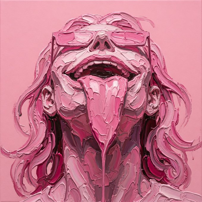 A pink monochromatic artistic illustration of a person with glasses sticking out their tongue, which is dripping downward.