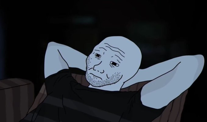 An animated illustration of a bald, bearded character resting with hands behind his head, covered by a dark blanket.