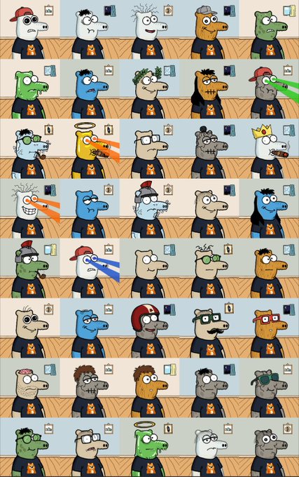 A grid of cartoon crocodile/alligator characters in black t-shirts featuring various accessories, expressions, and styles across multiple panels.