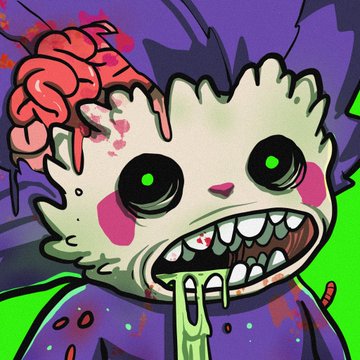 A grotesque, cartoon-style illustration of a green-skinned zombie-like creature with a visible brain, glowing green eyes, and a wide mouth of sharp teeth, dripping with slime and splattered with blood, set against a vibrant purple and green background. The image captures the chaotic, horror-inspired aesthetic of a "chog" NFT collection, serving as a striking profile picture (PFP) preview.