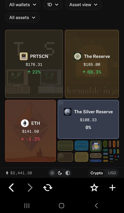 A cryptocurrency portfolio tracker app showing assets including PRTSCN ($176.31, up 22%), The Reserve ($165.00, up 68.3%), ETH ($141.50, down 1.2%), and The Silver Reserve ($108.33), with a total balance of $2,441.30.