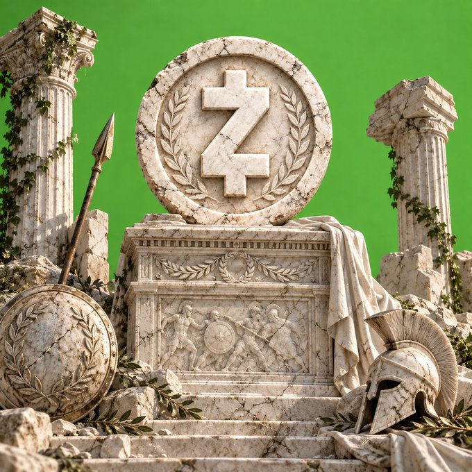 A marble Zcash (ZEC) emblem with laurel wreaths sits atop an ancient pedestal featuring bas-relief warriors, flanked by classical columns and a Corinthian helmet against a green background.