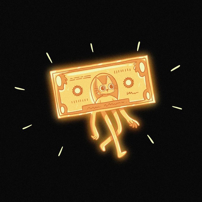 A glowing neon-style illustration depicts a small alien-like figure with large eyes holding a large rectangular banknote against a black background.