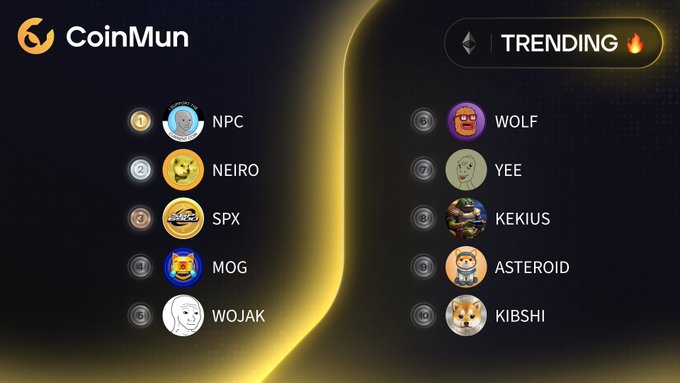 A CoinMun trending chart displaying the top 10 Ethereum-based tokens, with $NPC (@nonplayablecoin) at #1, $NEIRO at #2, $SPX at #3, and $MOG and $WOJAK rounding out the top 5, followed by $WOLF, $YEE, $KEKIUS, $ASTEROID, and $KIBSHI.