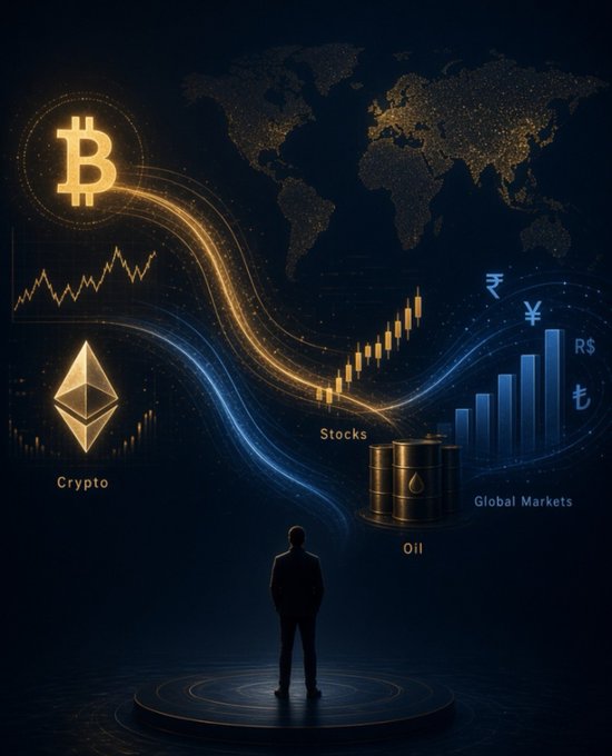 A digital illustration shows a silhouette of a man observing a glowing world map with floating symbols for 'Crypto' (Bitcoin, Ethereum), 'Stocks', 'Oil', and 'Global Markets' with currency signs (₹, ¥, R$).