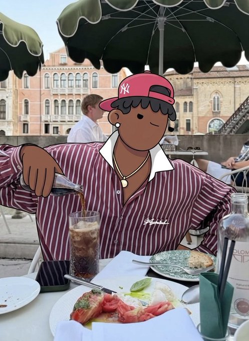 A stylized animated/cartoon filter applied to a photo of a person wearing a red Yankees cap and striped shirt, pouring soda into a glass at an outdoor café table with food, with Venice architecture in the background.