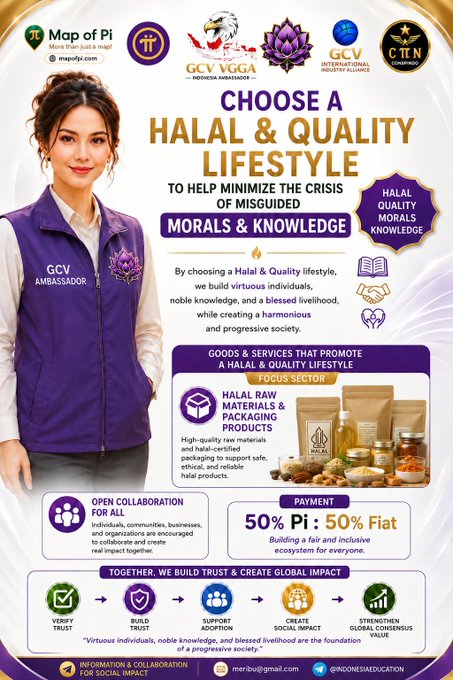 A promotional infographic titled 'CHOOSE A HALAL & QUALITY LIFESTYLE' featuring a woman in a purple 'GCV AMBASSADOR' vest, with sections detailing halal products, collaboration opportunities, and a '50% Pi : 50% Fiat' payment structure.