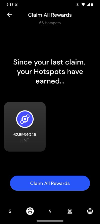 A mobile app screen displays a 'Claim All Rewards' page for 66 Hotspots, showing earnings of 62.6934045 HNT.