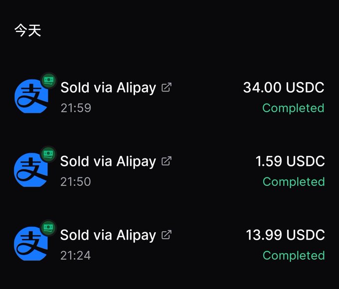 A dark screen displays a transaction history titled '今天' (Today) showing three completed 'Sold via Alipay' entries: 34.00 USDC at 21:59, 1.59 USDC at 21:50, and 13.99 USDC at 21:24.