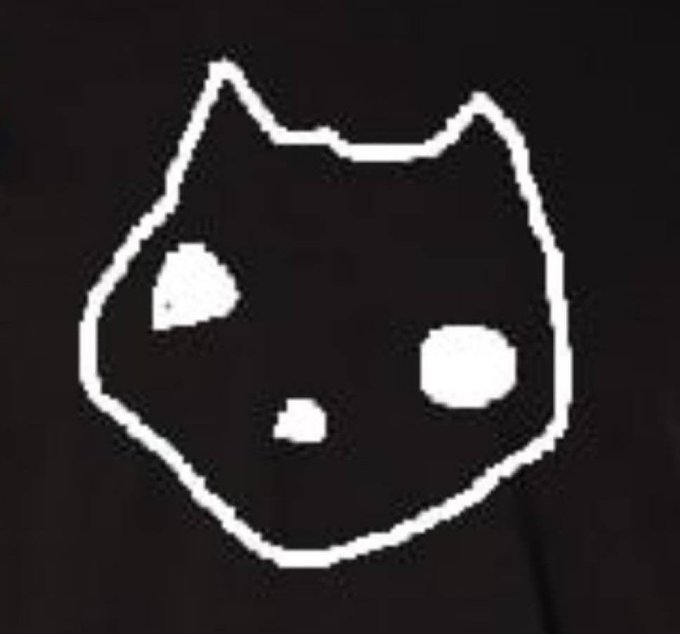 A minimalist white outline drawing of a cat's head on a black background, featuring asymmetric eyes with a small nose and mouth.