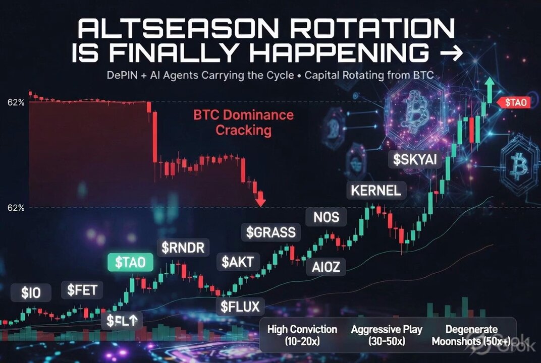 The image shows a chart titled "Altseason Rotation is Finally Happening" with several lines of text below. One of these descriptions reads "The altseason rotation is finally happening. Bot agents are carrying the cycle's capital rotating from BTC dominance. Bitcoin dominance has been Cracking". The title also mentions Bitcoin dominance and bot agents, further reinforcing the context behind this chart showing an upward trend in cryptocurrency values.