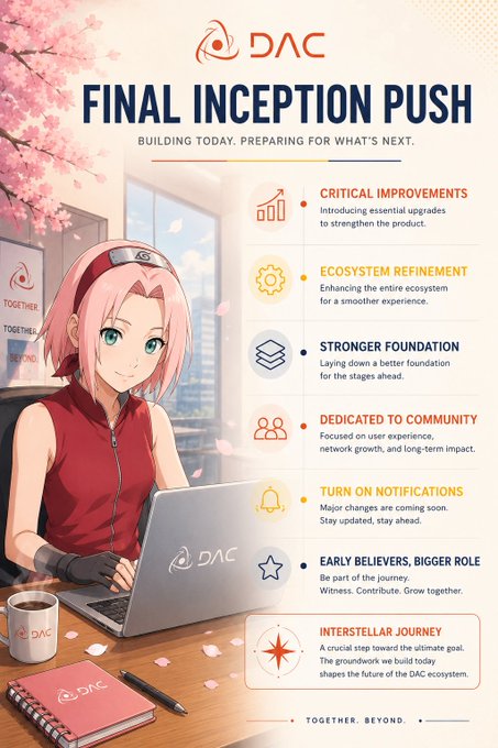 The image features a cartoon girl sitting at a desk with a laptop computer. The girl appears to be focused on her work or possibly enjoying some leisure time. There are also several books scattered around the scene, suggesting that she might be engaged in research or studying. A cup is placed nearby as well, indicating that she may have been drinking something while working. The overall atmosphere of the image conveys a sense of productivity and focus, with the girl being the central figure who seems to be actively involved in her work or studies.

The post related to this image discusses the concept of the Final Inception Push, which is an important phase for any project or business. It highlights how the team behind the project is working on strengthening their ecosystem and preparing for future growth. The post also mentions that the team is currently moving through a key phase focused on these aspects. This information can be seen as a metaphor for the girl in the image, who is actively engaged in her work or studies during this critical phase of the project.