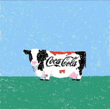 The image features a cow with Coca-Cola written across its body. The cow appears to be standing alone in an open field or grassy area, giving off a sense of tranquility. The background consists of a blue sky, which contrasts nicely with the white and black color scheme of the cow and the Coca-Cola logo. The image also contains text that reads "Curious Finds... Cows by @lineofakc Supply 1/1 June 22". This suggests that the cow is part of an ongoing project or collection, possibly related to the Coca-Cola brand or a similar theme.