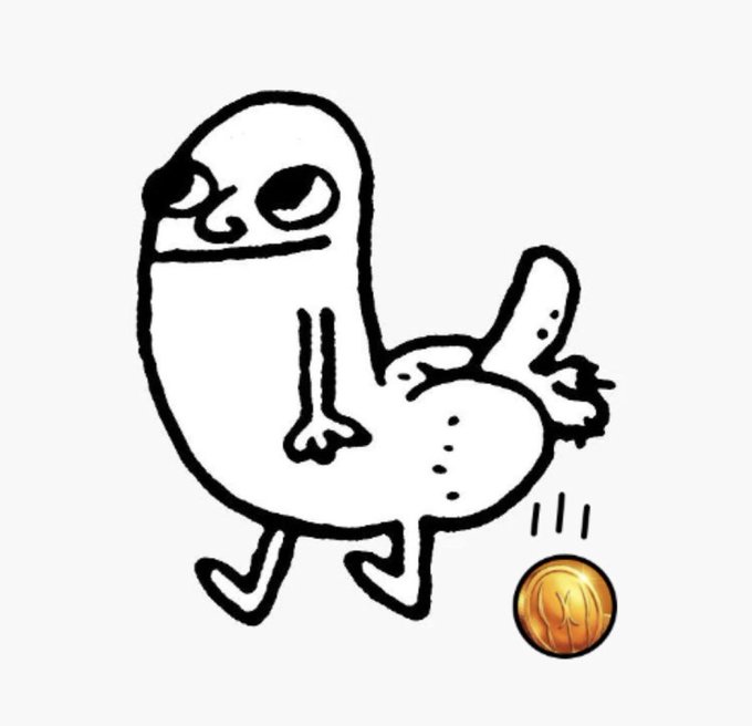 A crude black-and-white doodle depicts a figure with a large head sitting down, while a gold Bitcoin coin falls nearby.