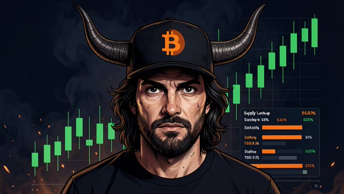 A rugged "Bitcoin Bull" wearing an orange ₿-emblazoned horned cap is depicted alongside a green candlestick price chart and a stats panel showing metrics like "Supply Lockup 56.0%," "Staking 50.0%," and "TGE 0.25," visually reinforcing the $TBB token's bullish on-chain performance and portfolio update figures.