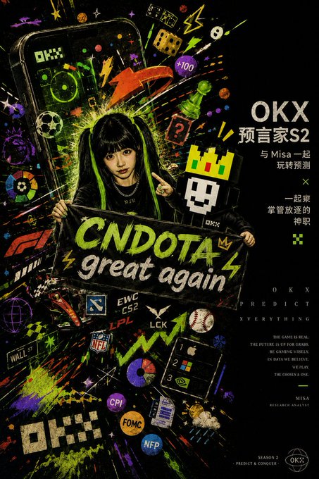 A promotional poster for OKX's '预言家S2' (Prophet S2) Season 2 featuring Misa as a research analyst, with text 'CNDOTA great again' and various gaming and financial icons like BTC, FOMC, and sports league logos.