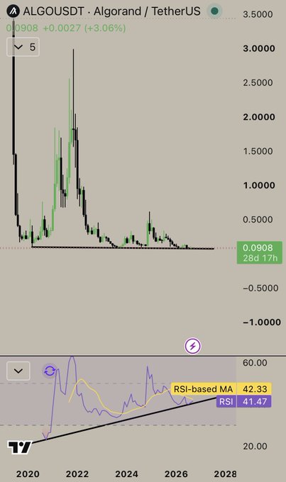 A monthly chart of ALGO/USDT shows the price currently at 0.0908, down significantly from its 2021 highs near $3, while the RSI at 41.47 (below the RSI-based MA of 42.33) forms a clear bullish divergence with the upward-sloping trendline, supporting the post's claim of a compelling long-term setup for potential gains.