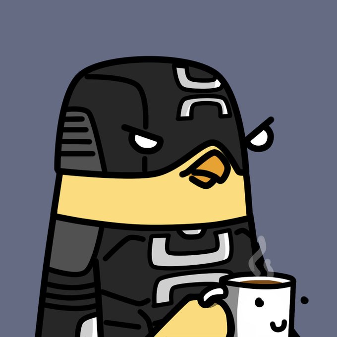 A cartoon illustration of a stoic penguin dressed in black armor or a ninja-like suit, holding a steaming white mug with a simple face design, against a gray background.