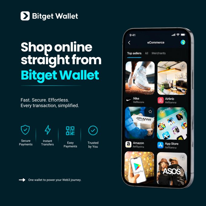 An advertisement for Bitget Wallet features the headline 'Shop online straight from Bitget Wallet - Fast. Secure. Effortless. Every transaction, simplified.' alongside icons for Secure Payments, Instant Transfers, Easy Payments, and Trusted by You.
