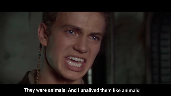 A close-up of a young blonde man with braided hair crying, accompanied by the subtitle 'They were animals! And I unalived them like animals!'