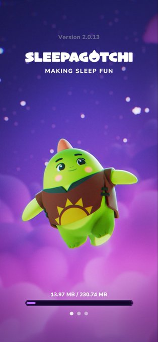 A mobile app interface for Sleepagotchi version 2.0.13 ("MAKING SLEEP FUN") displays a cute green character wearing a sun-patterned vest against a purple starry background, with a download progress bar showing 13.97 MB / 230.74 MB.