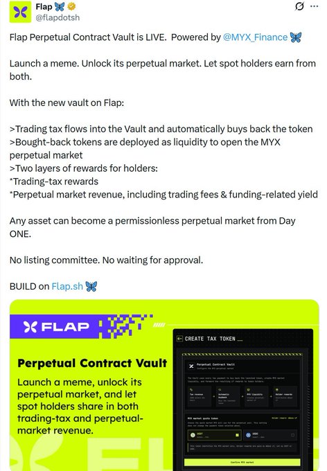 A Twitter/X post from Flap (@flapdotsh) announces the launch of their Perpetual Contract Vault powered by MYX Finance, featuring promotional graphics explaining how trading taxes flow into a vault to buy back tokens and deploy liquidity for perpetual markets, though it appears unrelated to the accompanying post about the bBALL basketball-themed meme token.