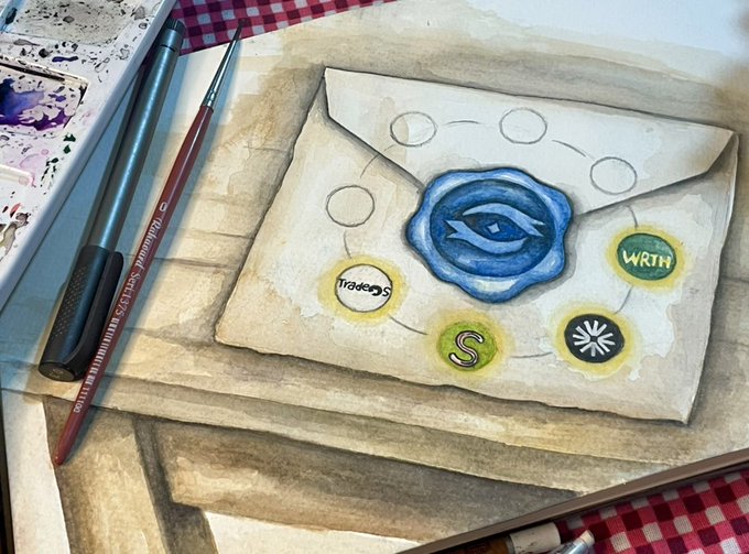 A watercolor and ink illustration of an envelope or letter featuring a central blue wax seal with an eye design, surrounded by smaller circular seals labeled 'Trading', 'WRTH', and other symbols, sitting on a desk next to a Winsor & Newton watercolor brush.