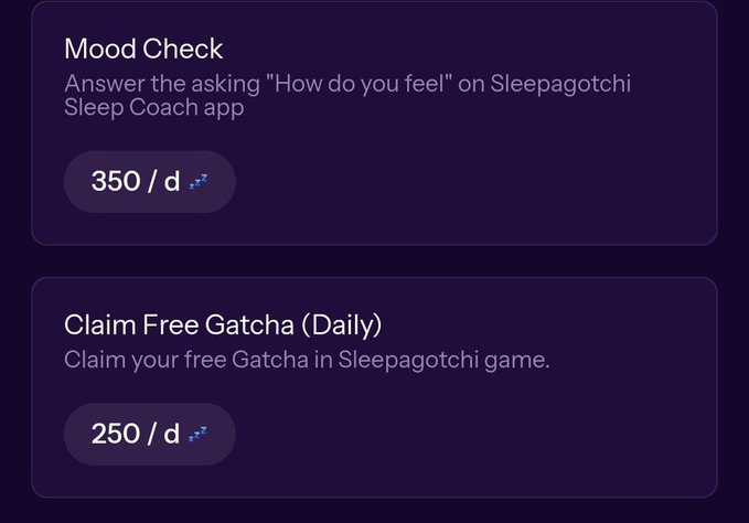 The image displays two daily reward tasks from the Sleepagotchi app: a "Mood Check" worth 350/d points and a "Claim Free Gatcha (Daily)" worth 250/d points. It illustrates the post's tip about easily stacking +600 extra leaderboard points daily by completing these simple in-app tasks before logging into X.