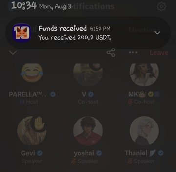 A mobile screenshot showing a notification reading "Funds received - You received 200,2 USDT" at the top, with an active voice chat room below displaying user avatars and roles like Host and Speaker.
