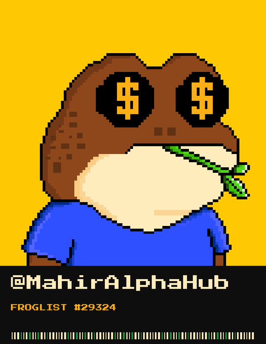A pixel art illustration of a frog character wearing a brown hat with dollar sign eyes and a green leaf in its mouth, with the text "@MahirAlphaHub" and "FROGLIST #29324" below.